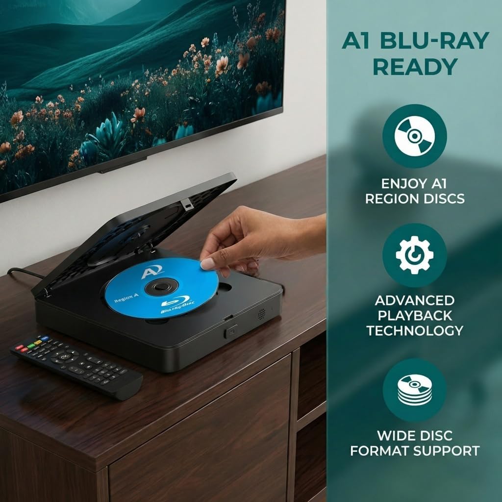 Blu Ray DVD Player for Smart & Old TVs, 1080P Home Theater Player with HDMI & AV Output, Supports 128GB USB Playback, Dolby DTS Audio, Plays A1 Blu-ray Discs, DVDs & CDs