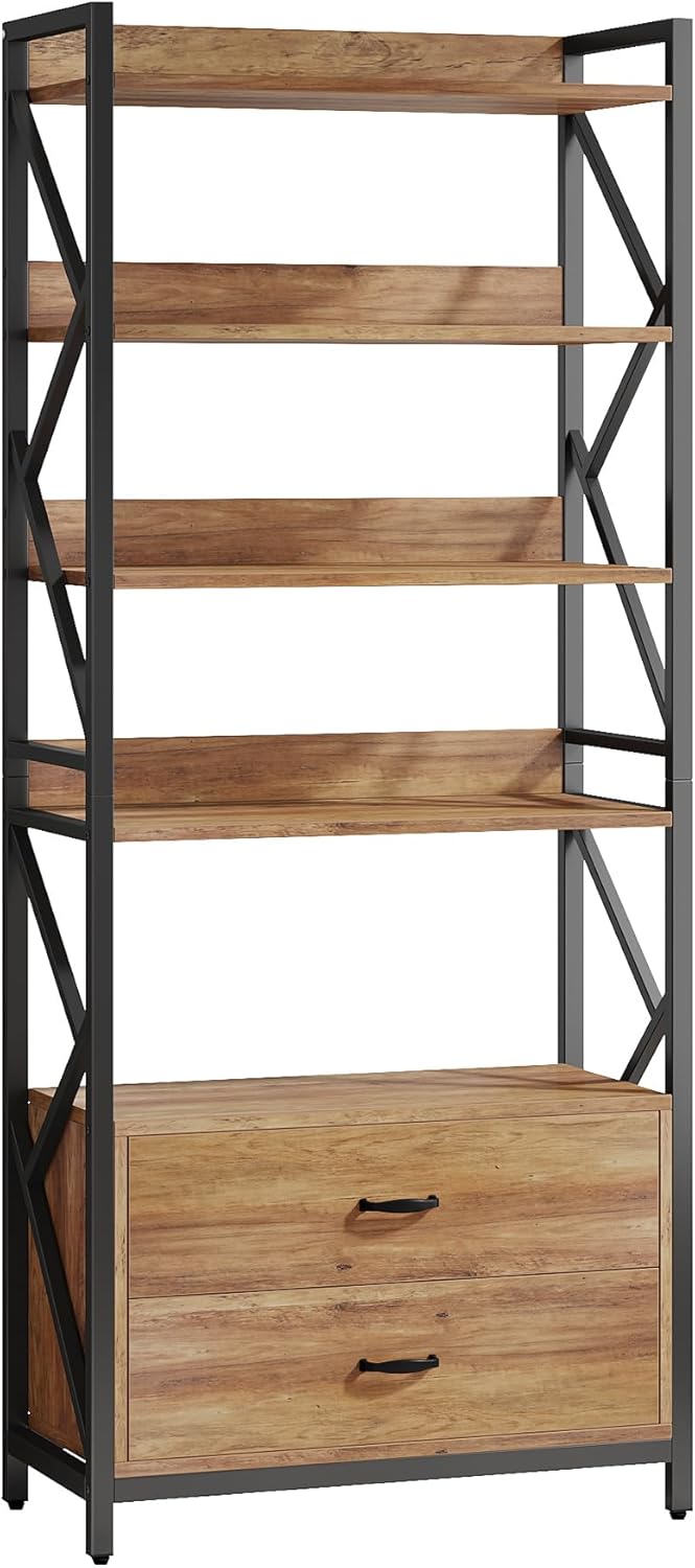 Tribesigns Bookshelf with Drawers, 70.8" Industrial Bookcase with 2 Drawers, 5 Shelf Open Shelf for Storage, Wood Book Shelf for Living Room, Bedroom, Home, Office (1, Rustic Brown)