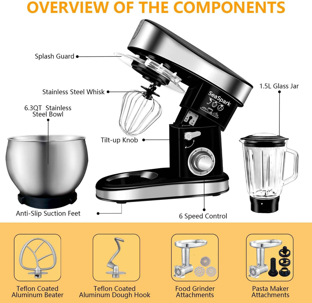 Multifunctional Stand Mixer, 6 in 1 Stand Mixer, 6.3Qt Tilt-head, Standing Mixer with Stainless Steel Bowl, Meat Grinder, Juice Blender, for professional Baking and Most Home Cooks, Black