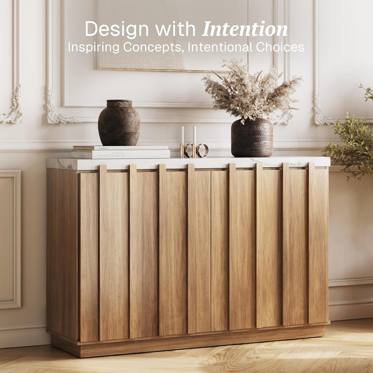 BELLEZE 47" Fluted Sideboard Buffet Cabinet, Modern Credenza with Faux Marble Top, Wood Coffee Bar Accent Storage Cabinet with Adjustable Shelves for Kitchen, Dining Room, Living Room, Camel