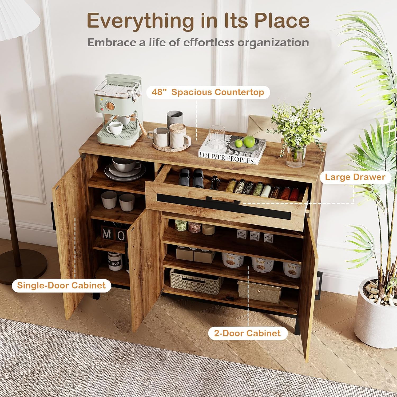 Giantex 48" Buffet Cabinet with Storage, 3-Door Large Farmhouse Sideboard with Drawer, Removable Shelves, Accent Buffet Table for Entryway Coffee Bar, Kitchen, Entryway, Living Room