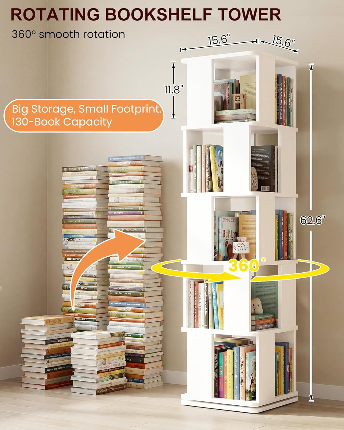 5-Tier Rotating Bookshelf Tower, 360° Spinning Modern Book Storage Bookcase, Stable Display Corner Book Shelf for Kids Room, Living Room, Bedroom, Home Office, White