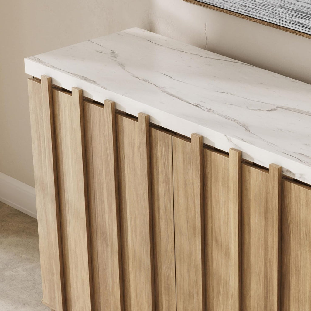 BELLEZE 47" Fluted Sideboard Buffet Cabinet, Modern Credenza with Faux Marble Top, Wood Coffee Bar Accent Storage Cabinet with Adjustable Shelves for Kitchen, Dining Room, Living Room, Camel