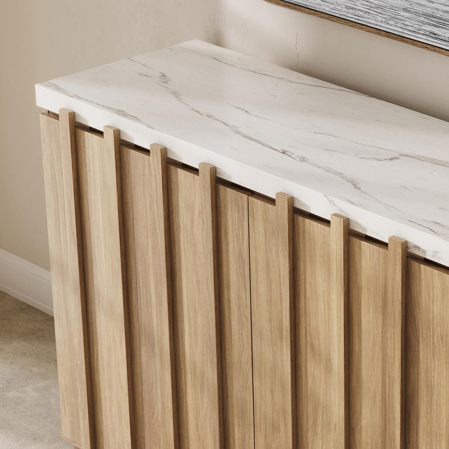 BELLEZE 47" Fluted Sideboard Buffet Cabinet, Modern Credenza with Faux Marble Top, Wood Coffee Bar Accent Storage Cabinet with Adjustable Shelves for Kitchen, Dining Room, Living Room, Camel
