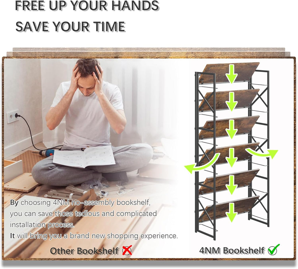 4NM 6 Tiers No Assembly Book Shelves, 61.8" H Folding Bookshelf Bookcase Open Industrial Foldable Shelves for Bedroom, Living Room, Home Office - Rustic Brown Black