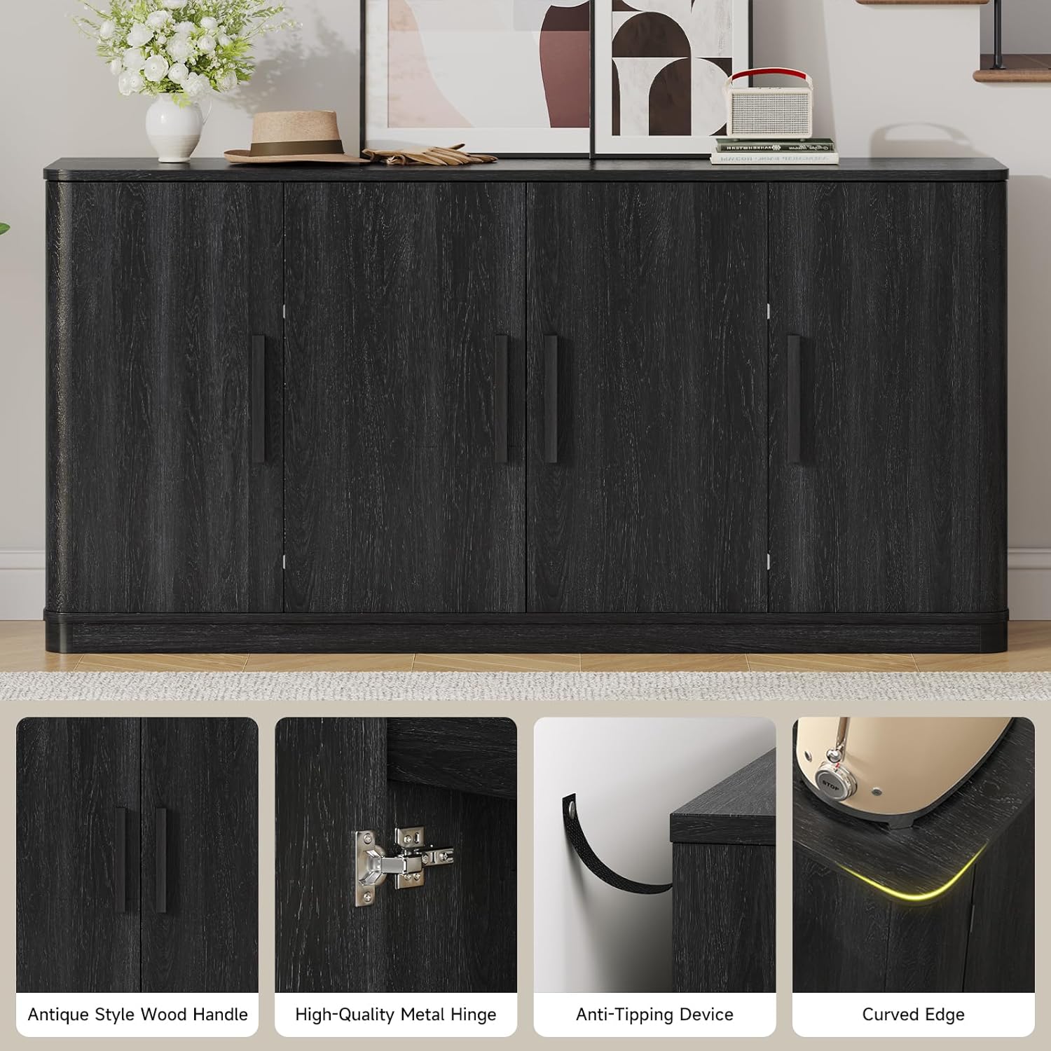 ONBRILL 63" Curved Buffet Cabinet with Storage and 4 Doors, Large Sideboard Buffet Storage Cabinet with Adjustable Shelves, Modern Coffee Bar Table for Dining Room, Living Room, Entryway (Black)