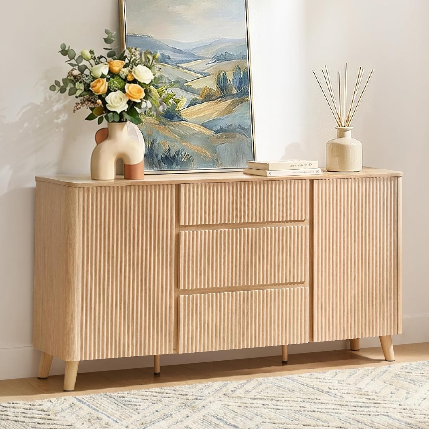 CHITA 62" Sideboard Buffet Cabinet with Storage, Fluted Cabinet with Drawers, Natural Oak