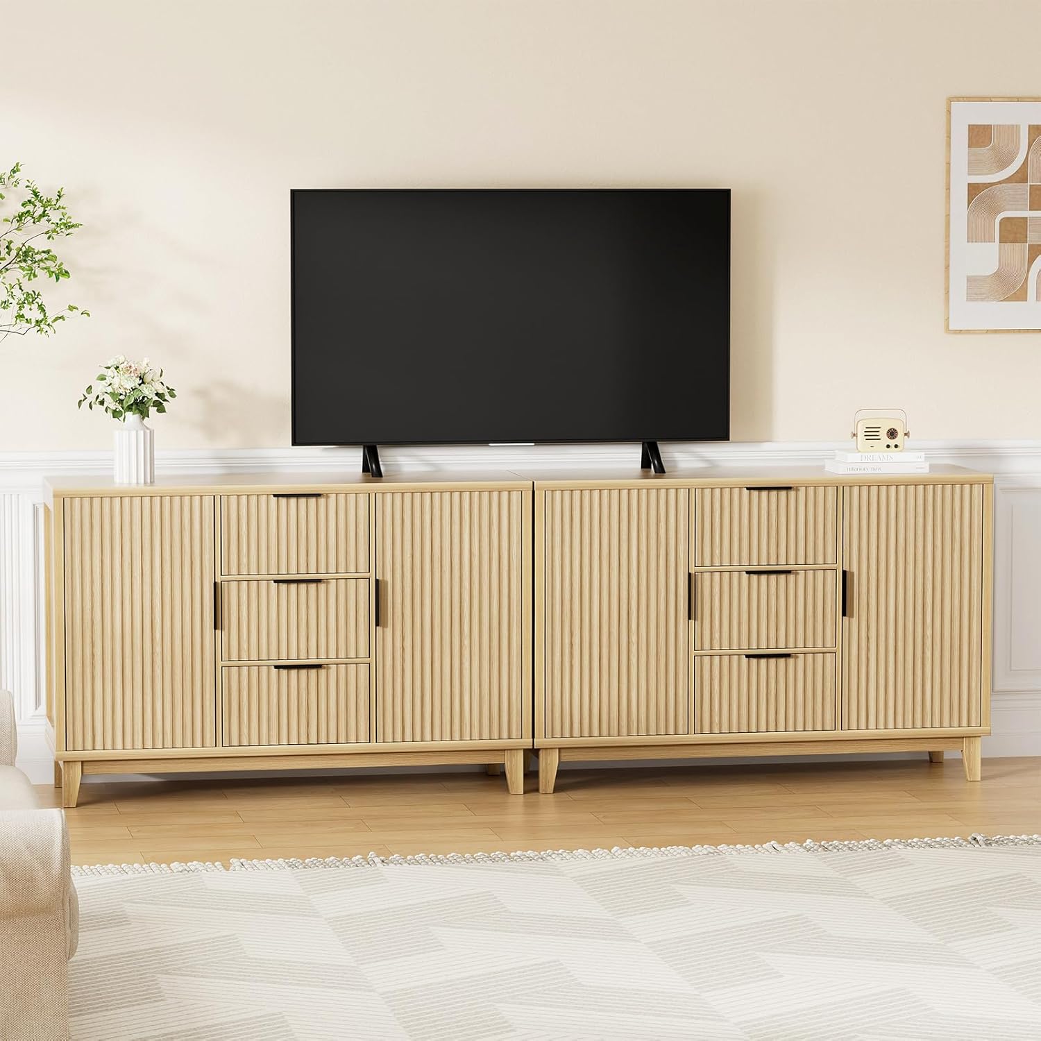 47.2" W Storage Cabinet with 3 Drawers, Fluted Buffet Cabinet with Storage, Large Sideboard Cabinet with 2 Doors, Modern Mid Century TV Stand Coffee Bar Cabinet for Living Room, Kitchen, Entryway