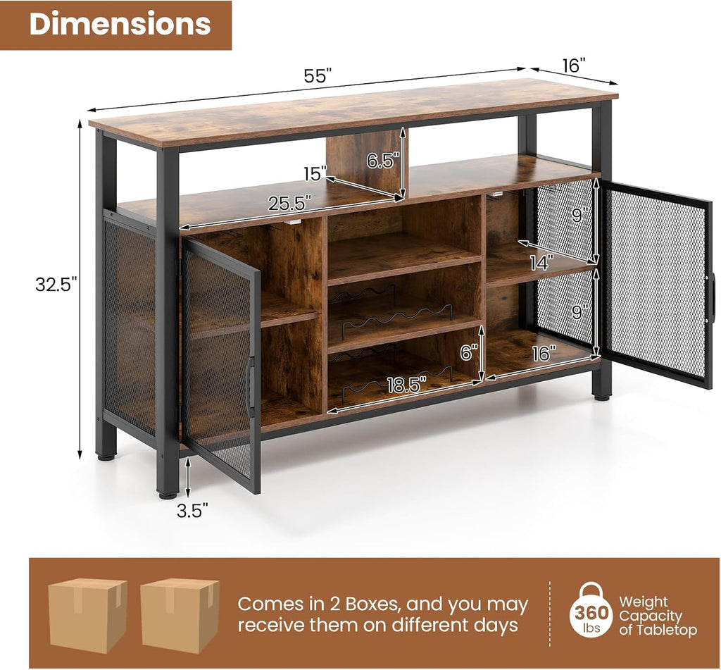 Giantex Coffee Bar Cabinet for Liquor and Glasses, 55' Buffet Sideboard with 8-Bottle Wine Racks, 6 Rows of Wine Glass Holders, Mesh Doors, Bar Cabinet for Kitchen, Dining Room, Living Room (Brown)