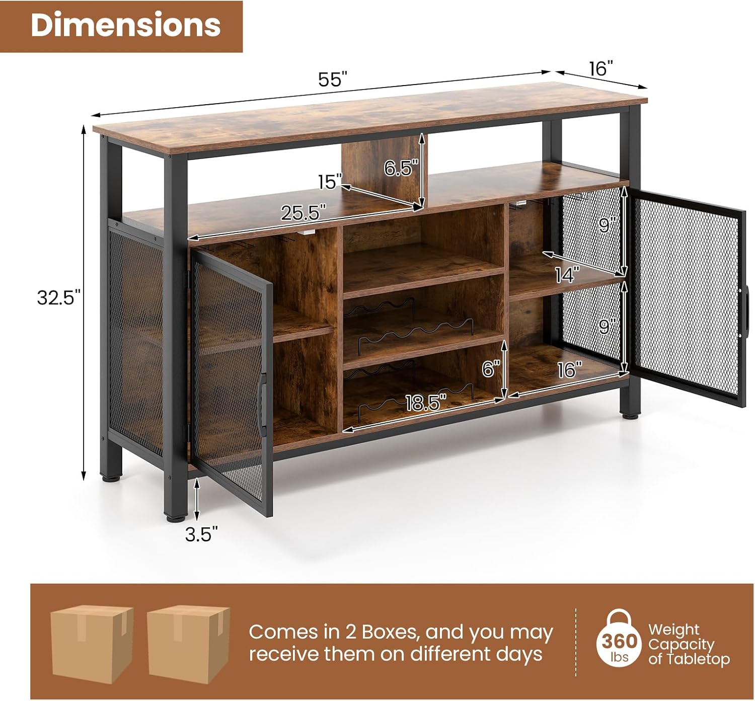 Giantex Coffee Bar Cabinet for Liquor and Glasses, 55' Buffet Sideboard with 8-Bottle Wine Racks, 6 Rows of Wine Glass Holders, Mesh Doors, Bar Cabinet for Kitchen, Dining Room, Living Room (Brown)