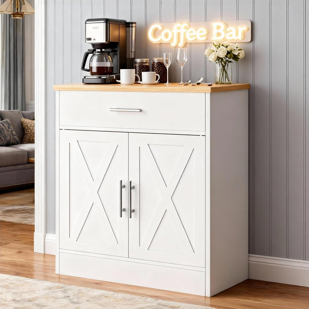 SUNLEI Sideboard Buffet Cabinet, Wooden Storage Cabinet with 2 Doors & 1 Drawers, Farmhouse Coffee Bar Cabinet with Storage for Living Room, Adjustable Shelf, White&Yellow