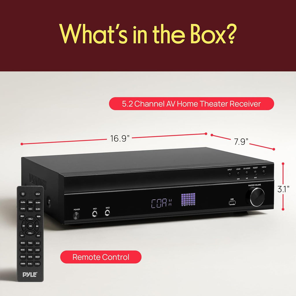 Pyle 5.2 Channel Bluetooth Home Theater Amplifier, 240 watts Peak Power, Microphone Input with Echo for Karaoke, ARC Hi-Def Input, USB-A Input with MP3 Player, FM Radio - PT875BT