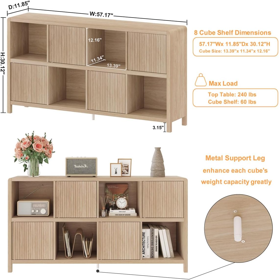 FATORRI 8 Cube Bookshelf with 4 Doors, Modern Mid Century Wood Book Shelf with Storage, Low Horizontal Cubby Bookcase for Home Office (Light Walnut)