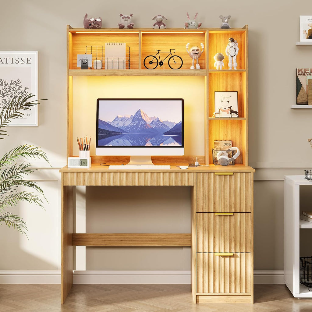 Gurexl 40'' Home Office Desk - with Hutch and 3 Color LED Lights,Computer Desk with Drawers, Power Outlet & USB Charging Station,Modern Writing Study Table with Storage Shelve for Bedroom,Natural
