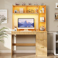 Gurexl 40'' Home Office Desk - with Hutch and 3 Color LED Lights,Computer Desk with Drawers, Power Outlet & USB Charging Station,Modern Writing Study Table with Storage Shelve for Bedroom,Natural