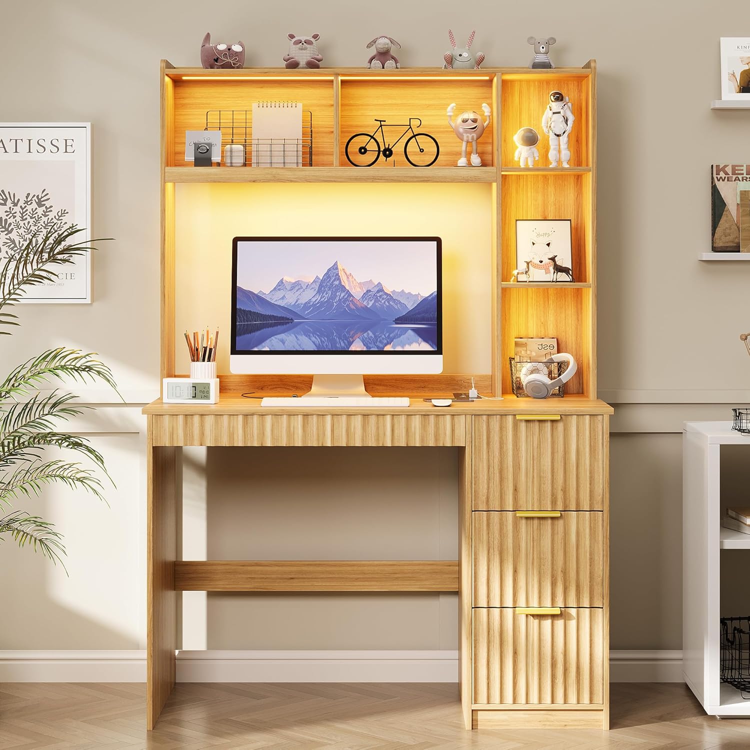 Gurexl 40'' Home Office Desk - with Hutch and 3 Color LED Lights,Computer Desk with Drawers, Power Outlet & USB Charging Station,Modern Writing Study Table with Storage Shelve for Bedroom,Natural