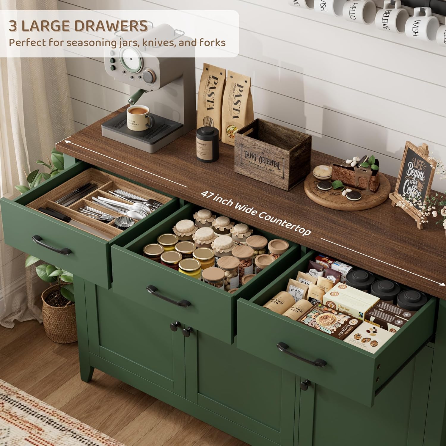 HORSTORS 47" Buffet Cabinet with Storage, Kitchen Buffet Table with Drawers, Modern Farmhouse Coffee Bar Storage Cabinet with Adjustable Shelf, Wood Sideboard for Dining Room, Kitchen, Entryway, Green
