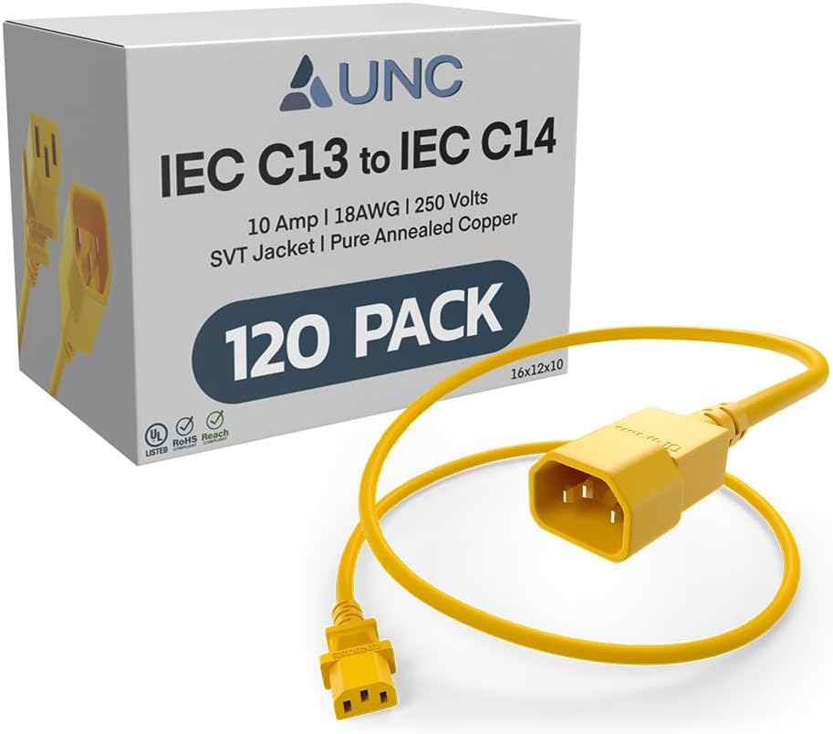 120 Pack UNC 3ft PDU Power Cable C13 to C14 10Amp 18AWG 250V SVT Jacket UL Listed, Yellow, 3 Foot