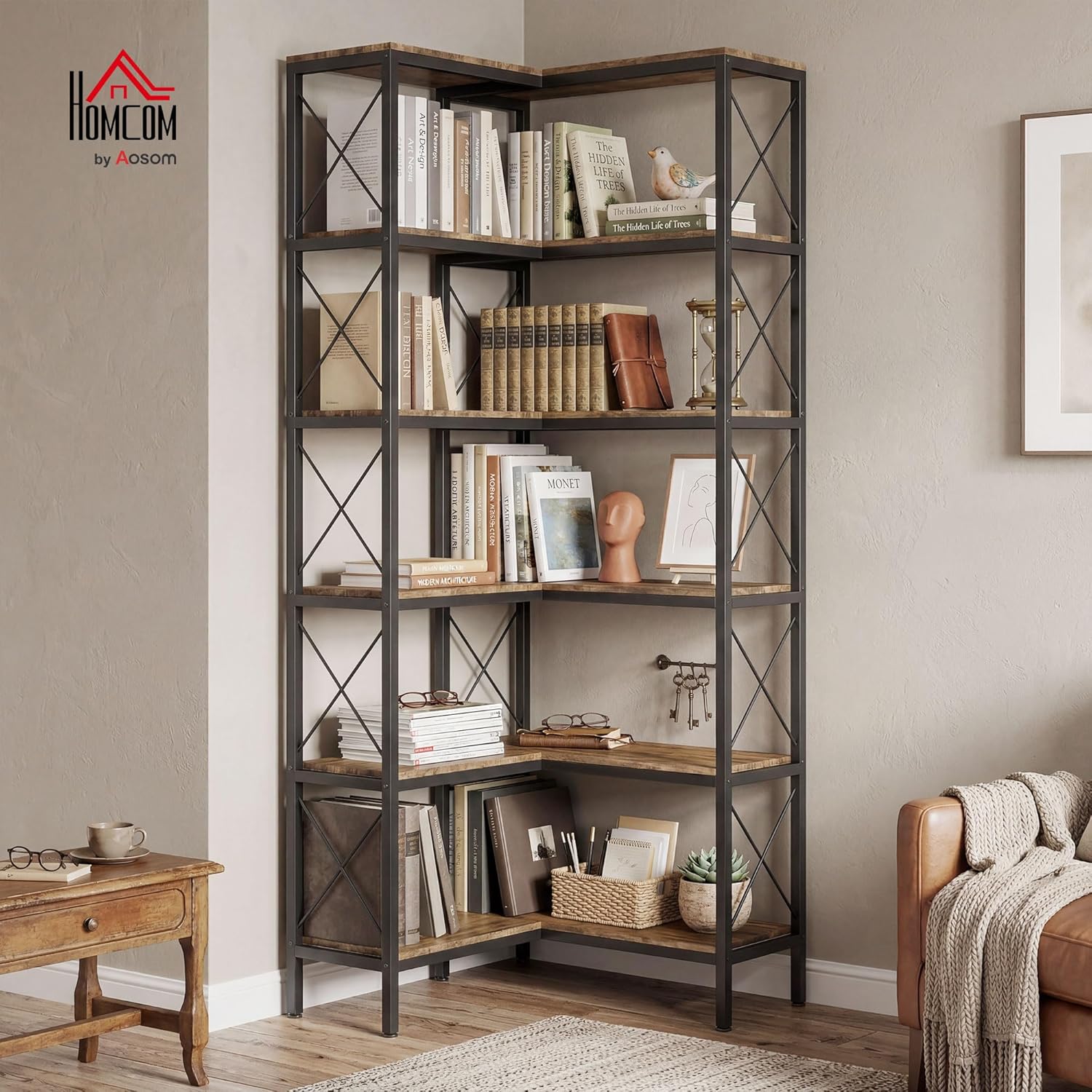 HOMCOM 5-Tier L-Shaped Bookshelf, Corner Bookcase, Modern Freestanding Display Shelf Unit for Home Office, Living Room, Rustic Brown