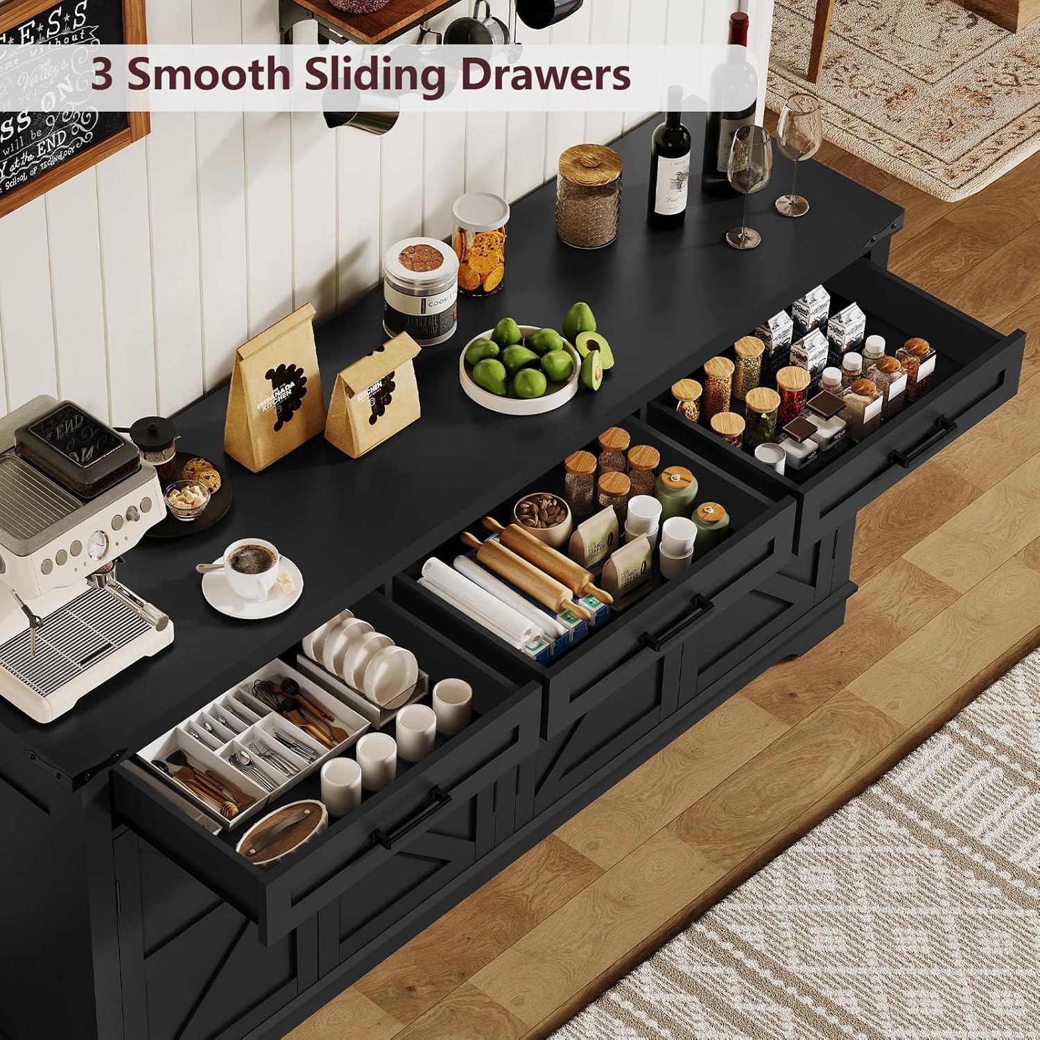 usikey Buffet Cabinet, 61” Large Sideboard Buffet Storage Cabinet with 3 Drawers, Farmhouse Coffee Bar with 4 Doors, for Kitchen, Living Room, Black