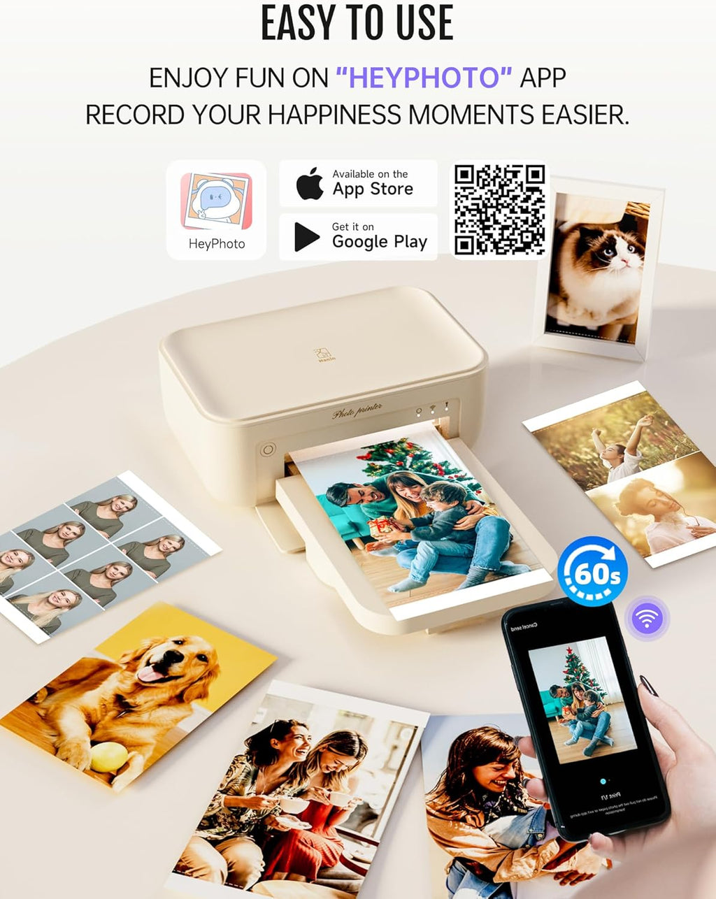 iDPRT 4x6 Photo Printer, CP4100 Instant Photo Printer for iPhone & Android with 108 Sheets & 2 Cartridges, Wireless Portable Picture Printer, 300DPi Thermal Dye Sublimation, Beige