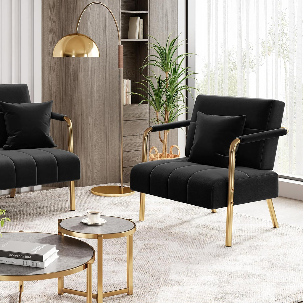 Yaheetech 30" W Accent Chair Velvet Oversized Armchair Living Room Chair with Golden Frame & Cozy Pillow for Living Room, Bedroom, Office Black
