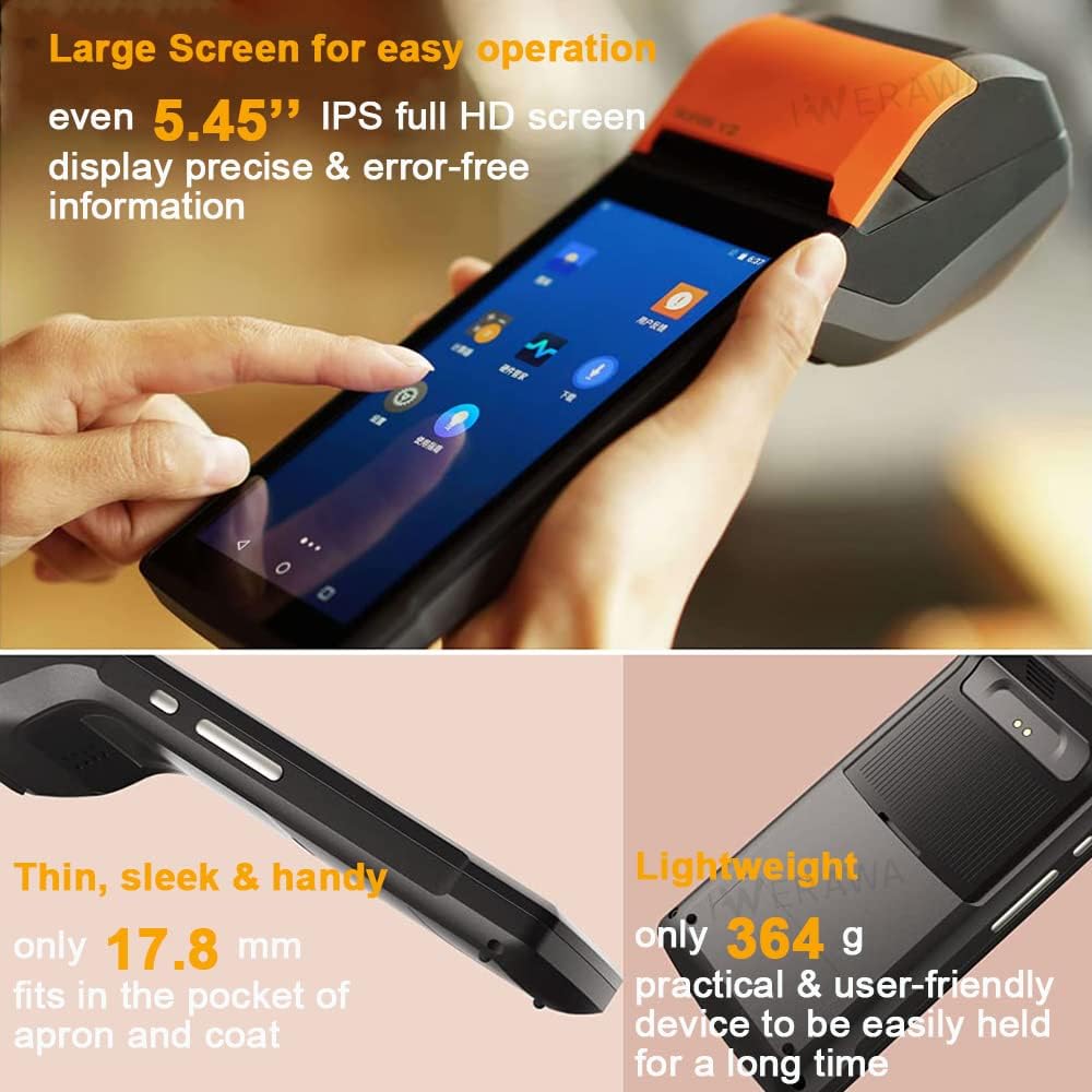 Mobile POS Printer SUNMI V2 POS Terminal with 58mm Thermal Receipt Printer, Speaker, Cam, Barcode Scanner in One Handheld PDA Printer, Compatible with Loyverse iREAP CashStock for Sales Retail Print