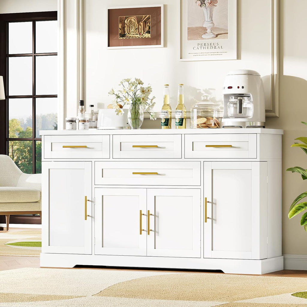 Concho 54" Buffet Cabinet with Storage, Kitchen Sideboards Small Coffee Bar Cabinet with 4 Drawers, Modern Kitchen Storage Cabinet for Living Room, White