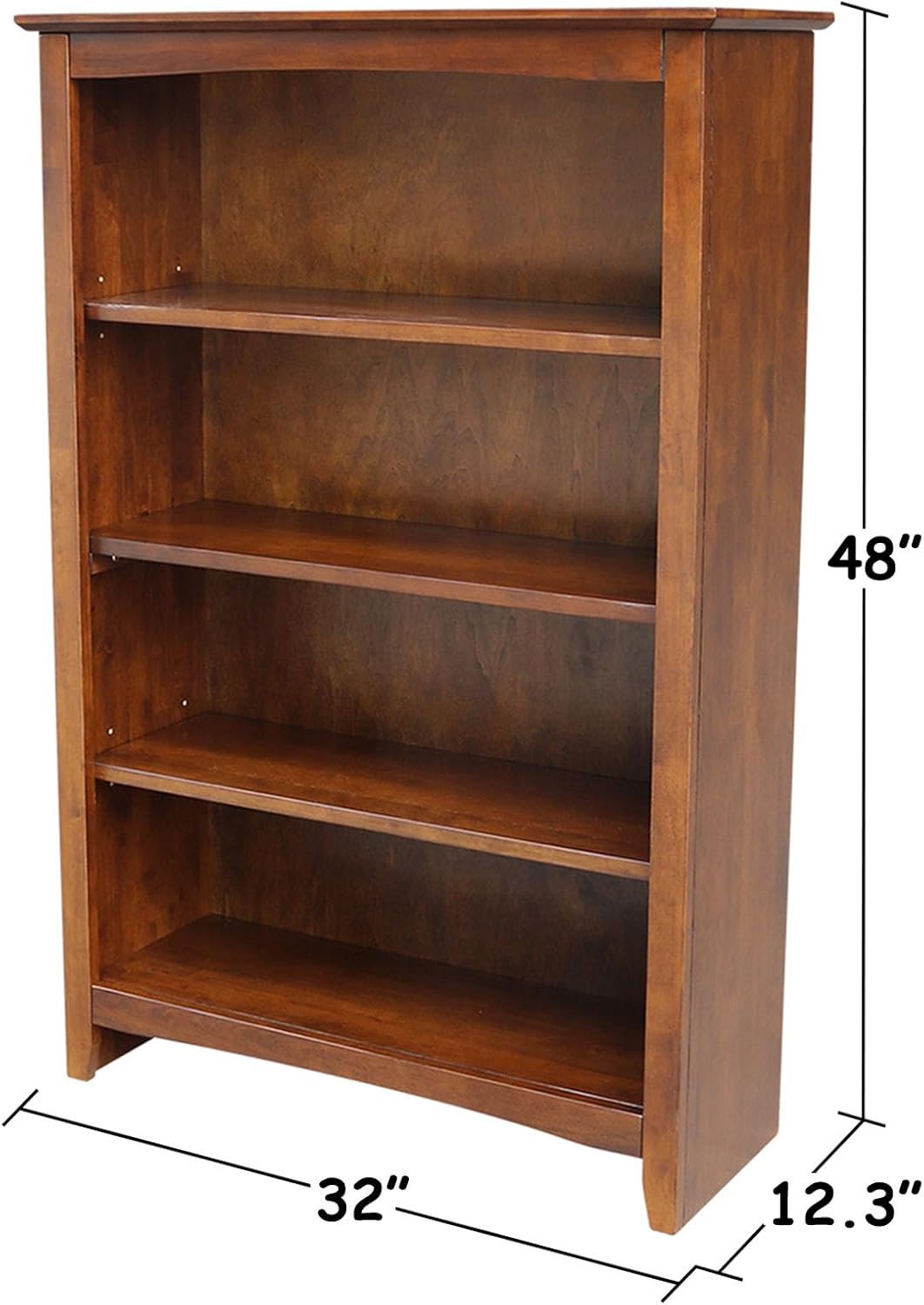 Solid Wood Bookcase 48" High, Adjustable Shelves, Parawood Construction, Easy Assembly, Kitchen/Dining Storage Furniture