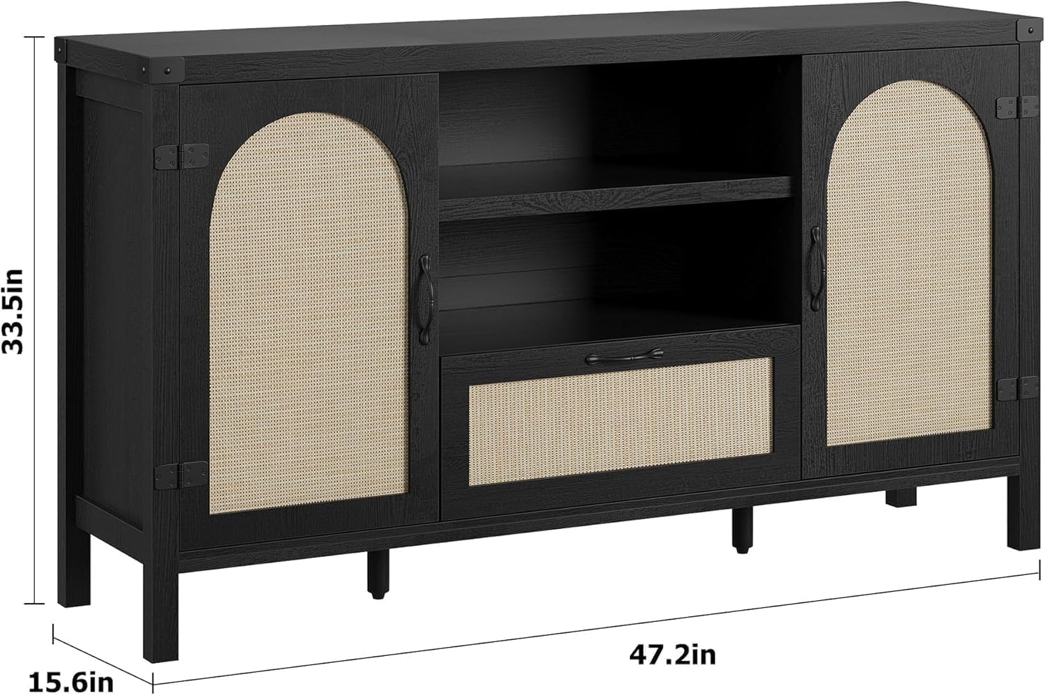 IDEALHOUSE 47.2" Buffet Cabinet with Storage, Farmhouse Kitchen Sideboard with Drawer, Rattan Coffee Bar Cabinet for Living Room, Kitchen, Entryway, Black