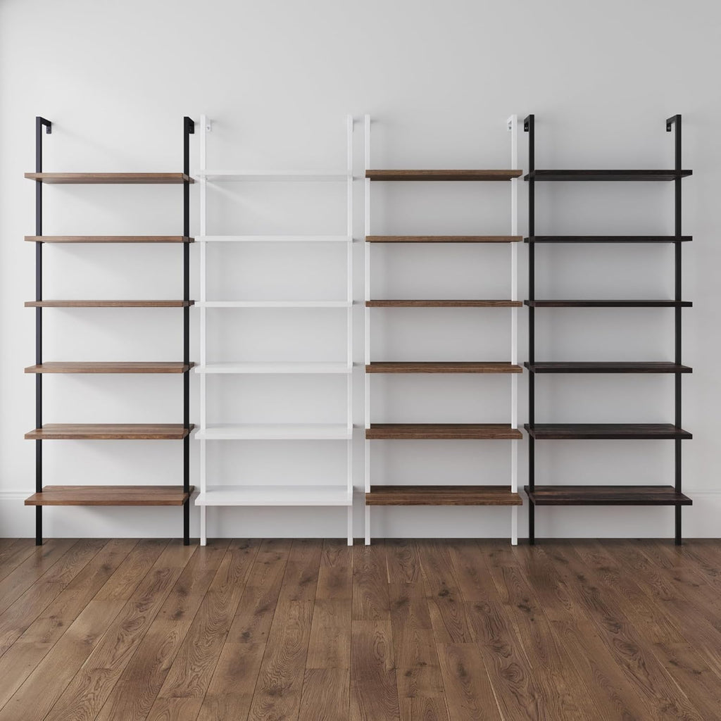 Nathan James Theo 6-Shelf Tall Bookcase, Wall Mount Bookshelf with Natural Wood Finish and Industrial Metal Frame, Nutmeg/Matte Black, Set of 4