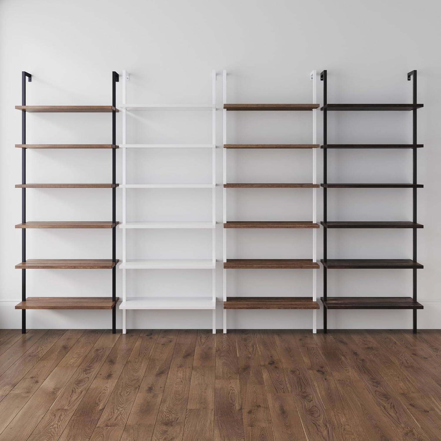 Nathan James Theo 6-Shelf Tall Bookcase, Wall Mount Bookshelf with Natural Wood Finish and Industrial Metal Frame, Nutmeg/Matte Black, Set of 4
