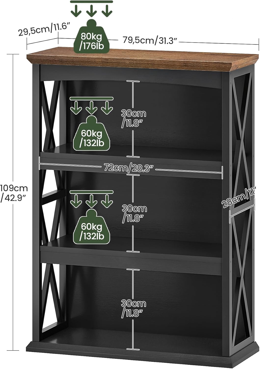CHOEZON 4-Tier Bookcase, 42.9" Floor Standing Organizer Shelf, Corner Book Stand, Metal Frame, for Study, Bedroom, Living Room, Black and Walnut TSJ01BL