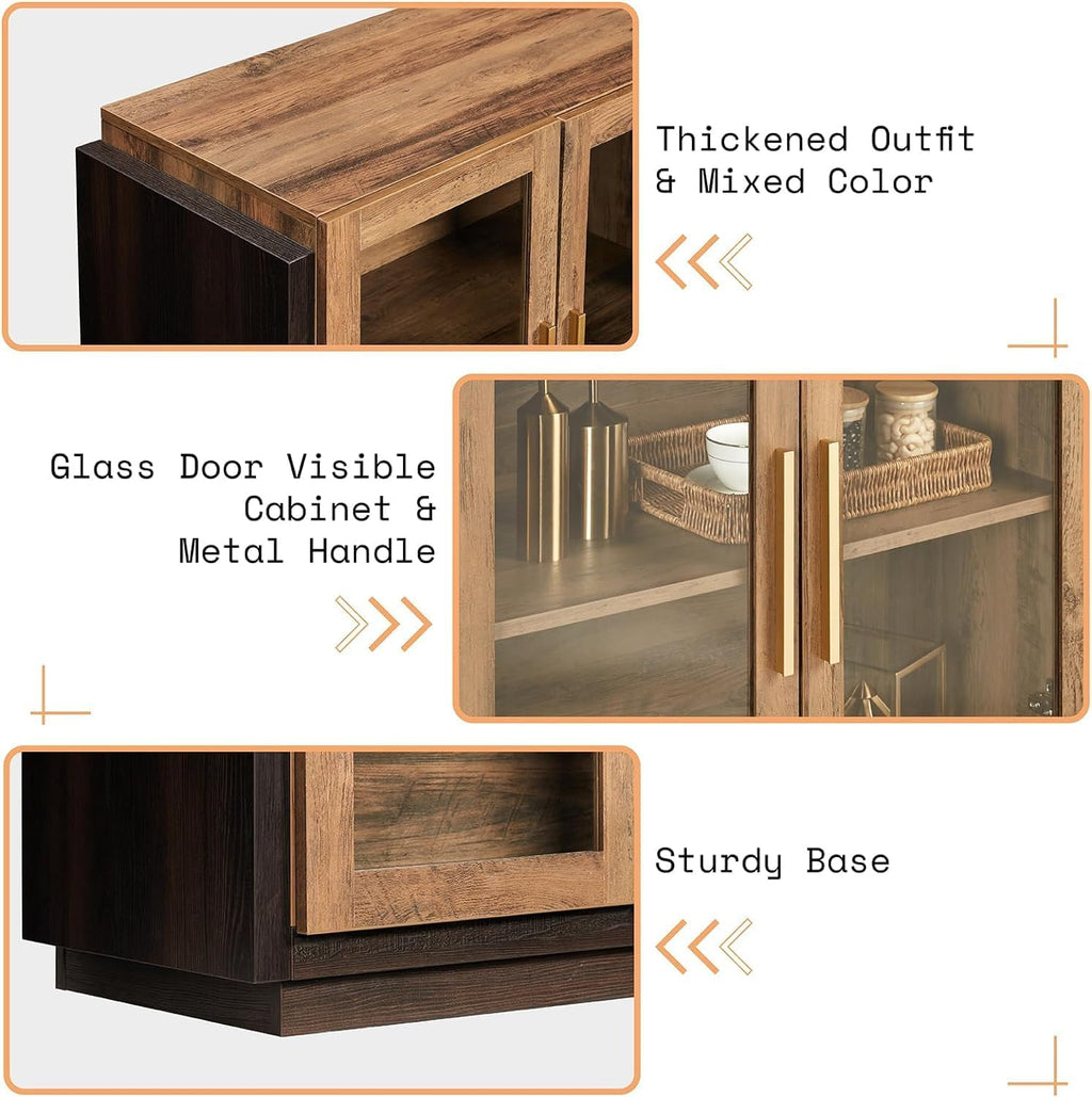 AMERLIFE Sideboard Buffet Cabinet, Mixed Color Accent Cabinet with LED Lights, Modern Glass Doors Storage Cabinets with Adjustable Shelf, Console Table for Dining, Living Room, Barnwood&Brown