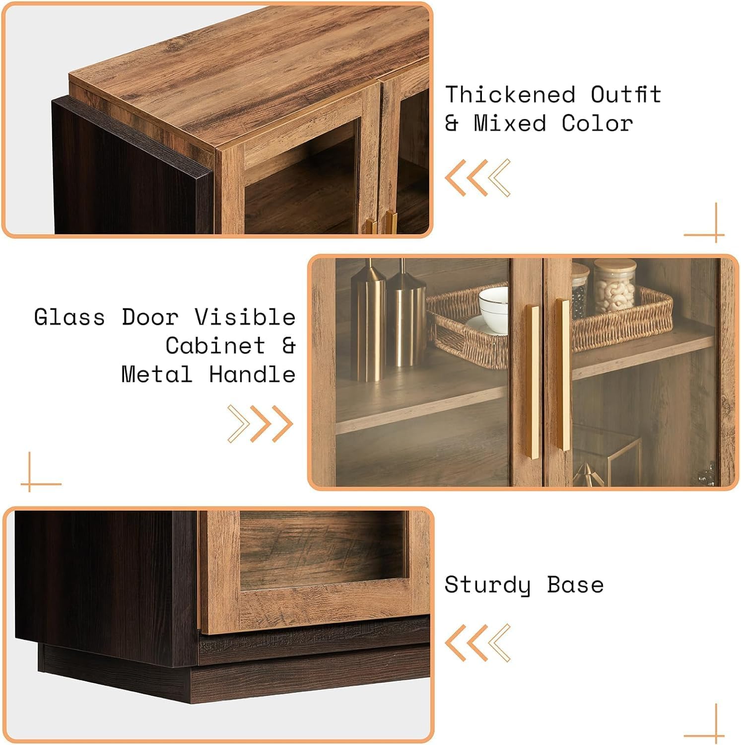 AMERLIFE Sideboard Buffet Cabinet, Mixed Color Accent Cabinet with LED Lights, Modern Glass Doors Storage Cabinets with Adjustable Shelf, Console Table for Dining, Living Room, Barnwood&Brown