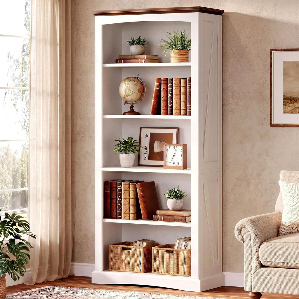 IRONCK 5 Tier Farmhouse Bookcase, 70.9" Tall White Bookshelf with Brown Top and Side Brace Panels, Large Open Display Storage Shelf for Living Room, Bedroom, Home Office, Entryway
