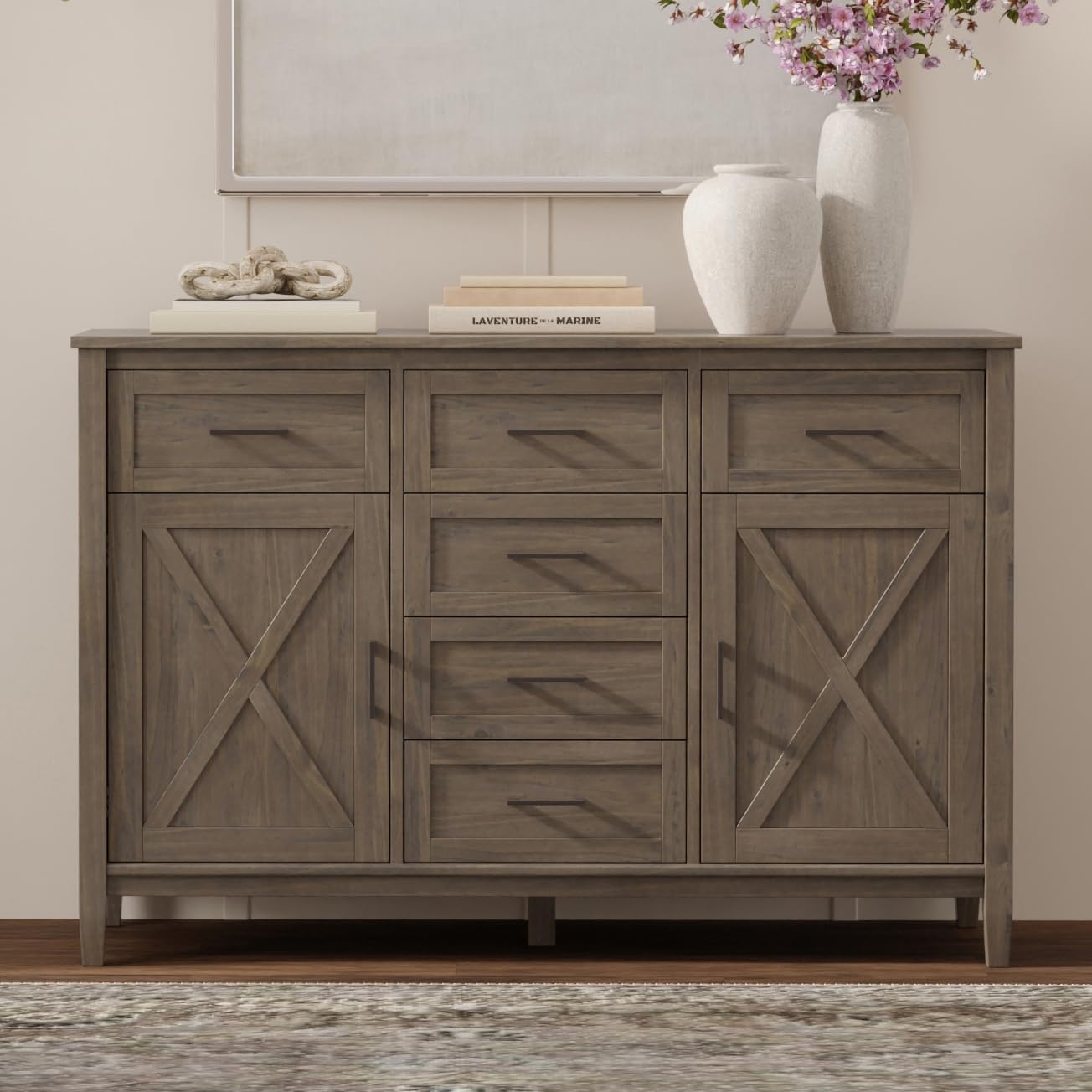 SIMPLIHOME Ela Buffet - 54 inch Wide Solid Wood 3-Door Sideboard Buffet in Smoky Brown, Transitional Storage Cabinet for Dining Room or Kitchen with Adjustable Shelves and Brushed Metal Hardware