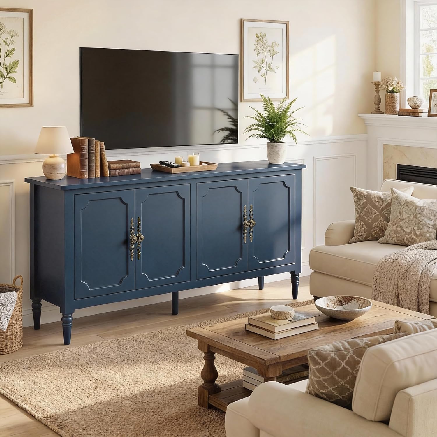 RoyalCraft Buffet Cabinet with Storage, Vintage Sideboard with Adjustable Shelves, Mid Century Modern Painted Credenza Coffee Bar for Kitchen, Dining Room, Entryway, Blue, 58.9" W x 16.5" D x 31.8" H