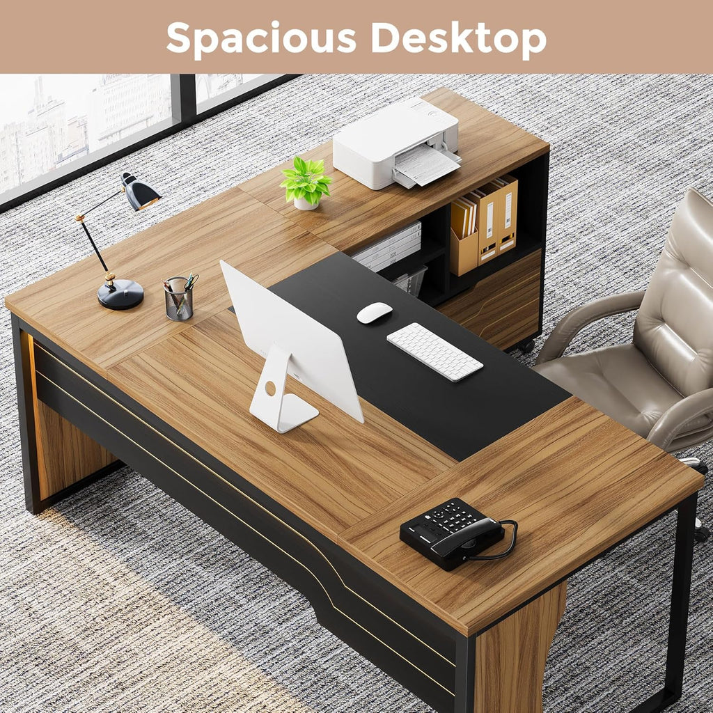 L Shaped Executive Computer Desk with Mobile File Cabinet and LED Light, 63 inch Large Office Table Business Furniture with Storage and Drawers for Home Office, Dark Walnut