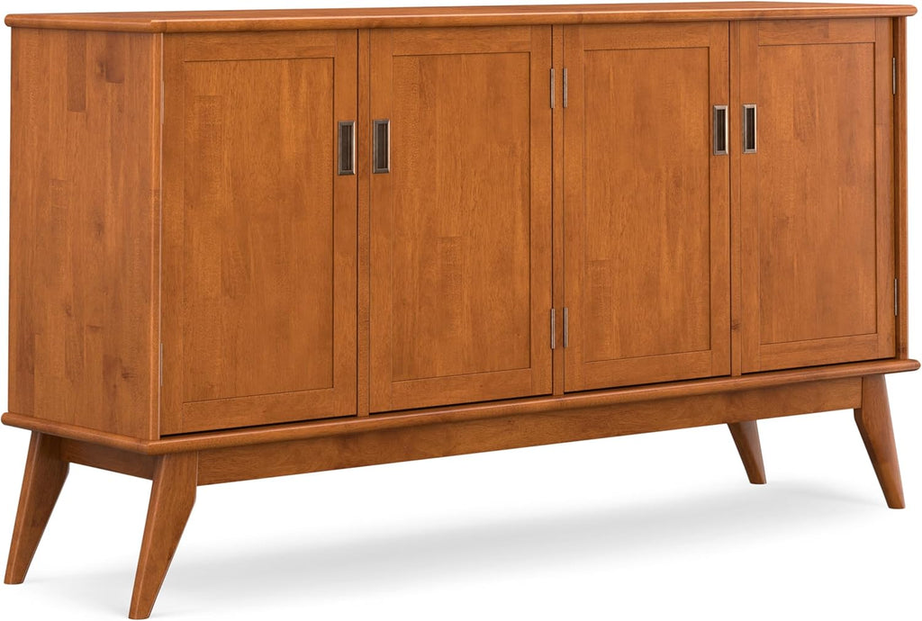 SIMPLIHOME Draper Buffet - 66 inch Wide Solid Hardwood 4-Door Sideboard Buffet in Teak Brown, Mid-Century Modern Cabinet for Dining Room or Kitchen with Adjustable Shelves and Tapered Legs