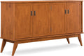SIMPLIHOME Draper Buffet - 66 inch Wide Solid Hardwood 4-Door Sideboard Buffet in Teak Brown, Mid-Century Modern Cabinet for Dining Room or Kitchen with Adjustable Shelves and Tapered Legs