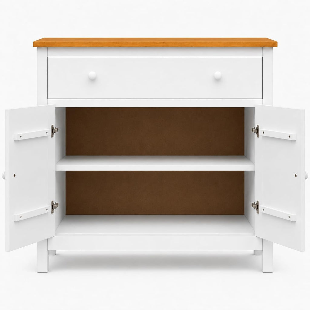 From the Tree Furniture 44" Wide White & Pine Top Solid Pine Shaker Sideboard Buffet Cabinet — 2 Doors, Adjustable Shelves & 1 Drawer — Anti-Tip Included — Two-Tone Farmhouse Finish for Dining Room