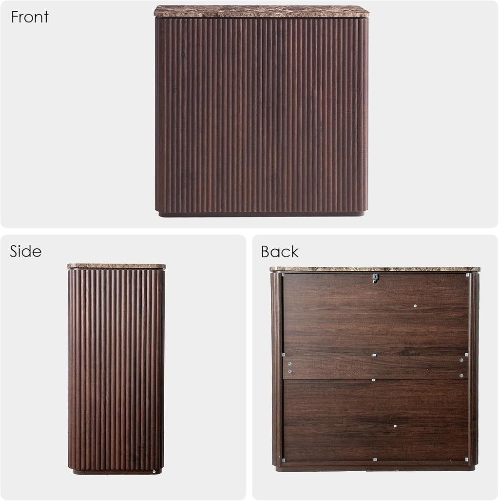 Fluted 2 Doors Sideboard Buffet Cabinet with Storage-Wooden Credenza w/Shelves, Faux Marble-Top Coffee Bar Console Table, Modern Buffet Cabinet for Dining, Kitchen, Living Room, Entryway,Dark Oak,1pcs
