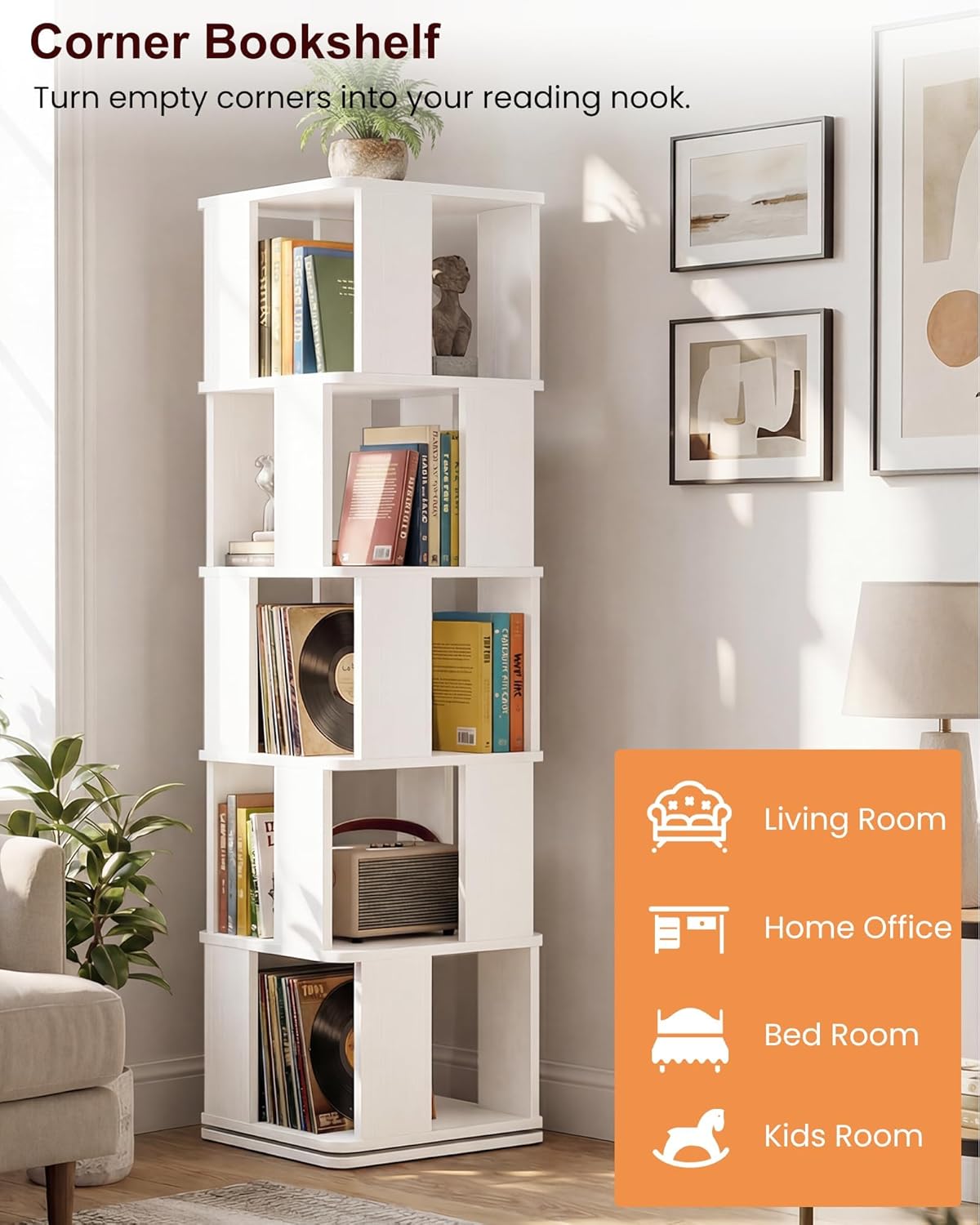 5-Tier Rotating Bookshelf Tower, 360° Spinning Modern Book Storage Bookcase, Stable Display Corner Book Shelf for Kids Room, Living Room, Bedroom, Home Office, White