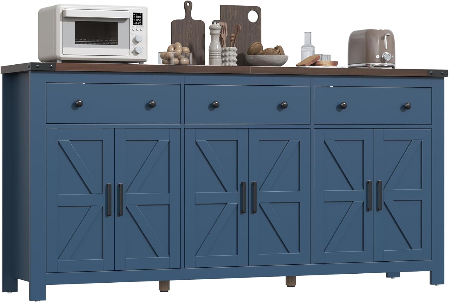 VVFLU 71" Large Sideboard Buffet Cabinet with Storage, Modern Farmhouse Coffee Bar with 3 Drawers and 6 Barn Doors, Dining Room Storage Cabinet, for Kitchen, Living Room, White Wood, Blue Wood