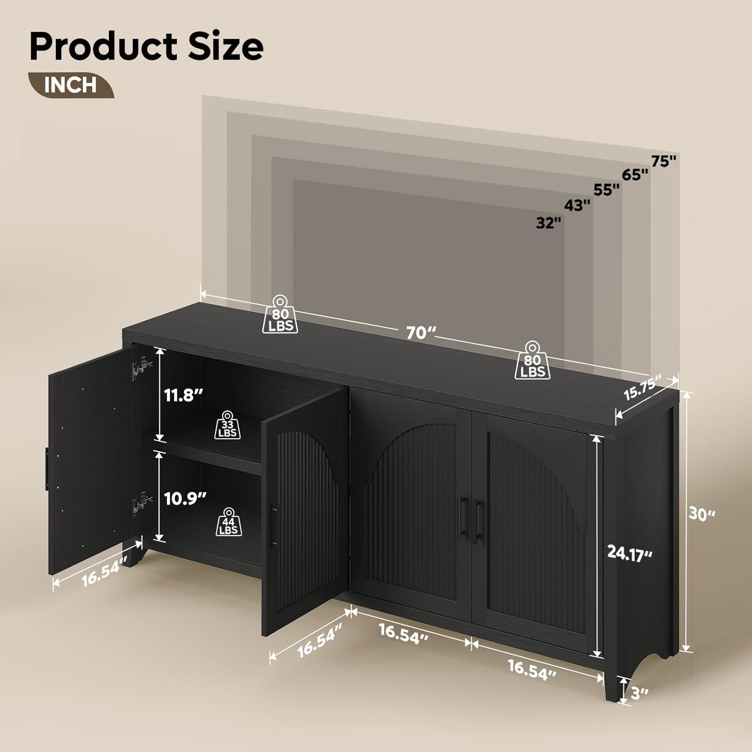 Bestier 70" Sideboard Buffet Cabinet with Storage, Modern Credenza Storage Cabinet, Farmhouse Arch Fluted Doors & Adjustable Shelves,Soild Wood Side Board Long Cabinet for Living Room, Entryway, Black