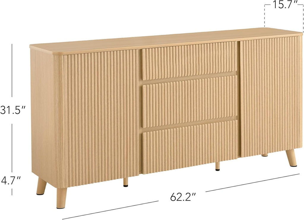 CHITA 62" Sideboard Buffet Cabinet with Storage, Fluted Cabinet with Drawers, Natural Oak