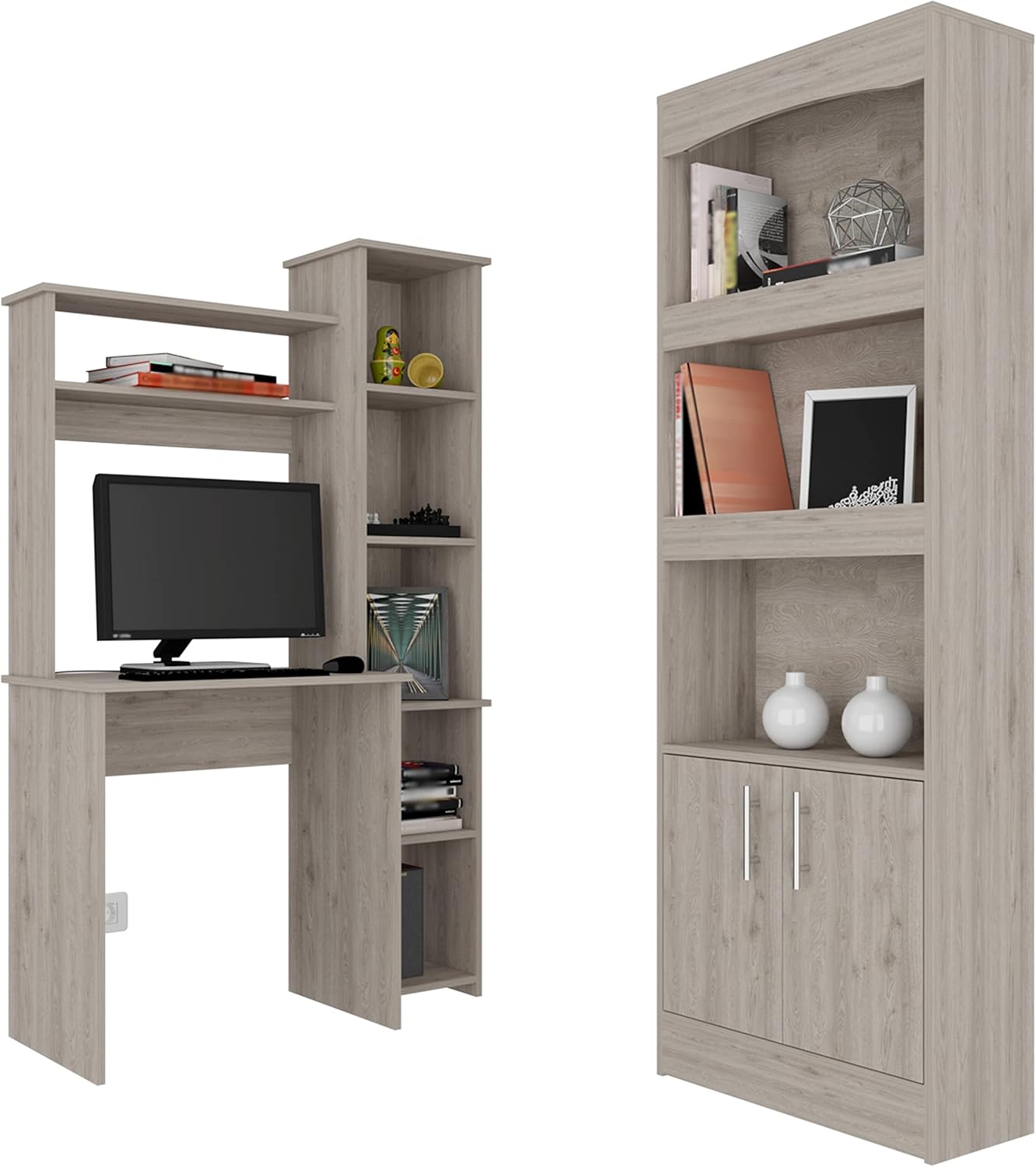 GOWE 2 Piece Office Set, Dozza Bookcase + Aramis Desk, Light Gray