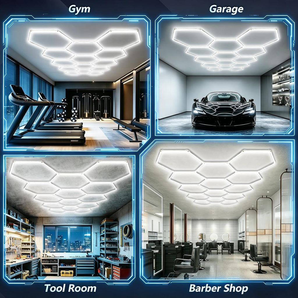 Bevenus Hexagon Garage Lights, 399W 6500K Super Bright LED Ceiling Light, Easy Install DIY Honeycomb Hex Light for Basement Workshop Warehouse Gym Car Detailing Shop (14 Grids)