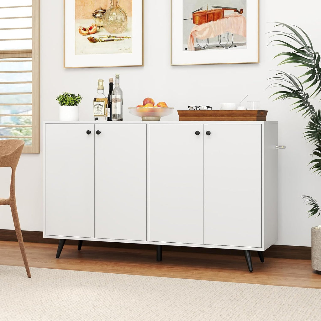 Giantex Sideboard Buffet Cabinet, 50'' Accent Kitchen Storage Cabinet with 4-Door & 5-Position Adjustable Shelves, Modern White Sideboard with 5 Support Legs, Buffet Table for Coffee Bar, Living Room
